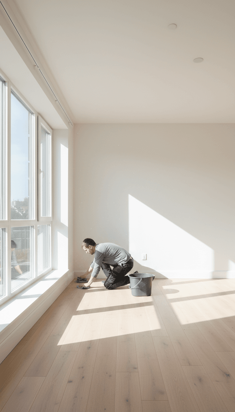 Person wiping baseboards in a bright empty apartment