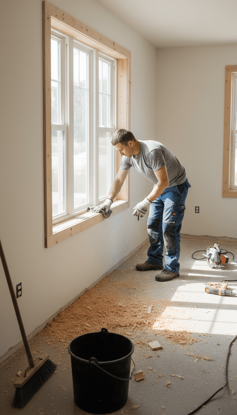 Worker wiping window sill in a freshly built room
