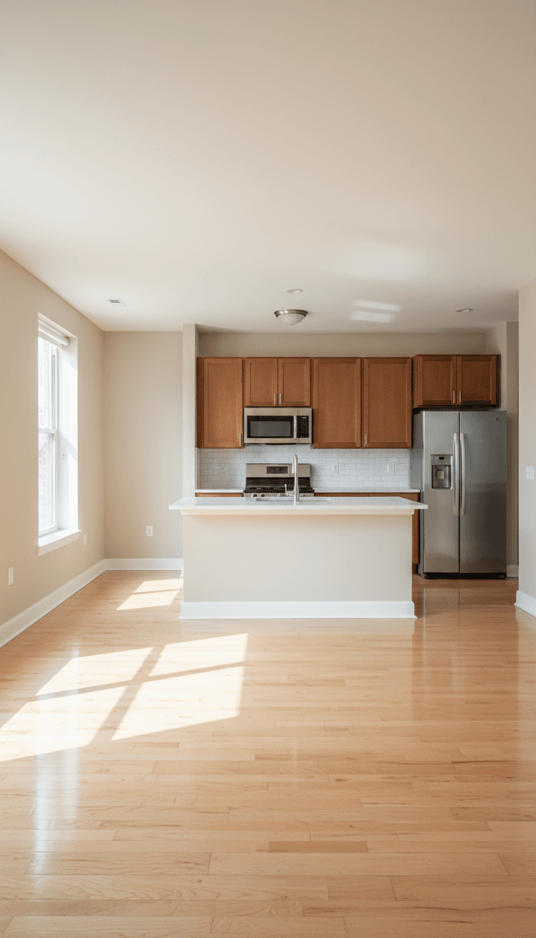 Empty apartment living room with spotless floors and clean kitchen