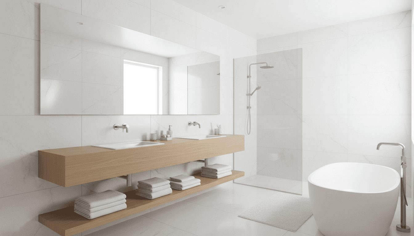 Clean modern bathroom with white towels and shining mirrors