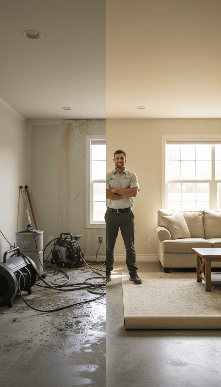 Restoration technician in fully dried residential room with water damage equipment removed and space ready for final repairs