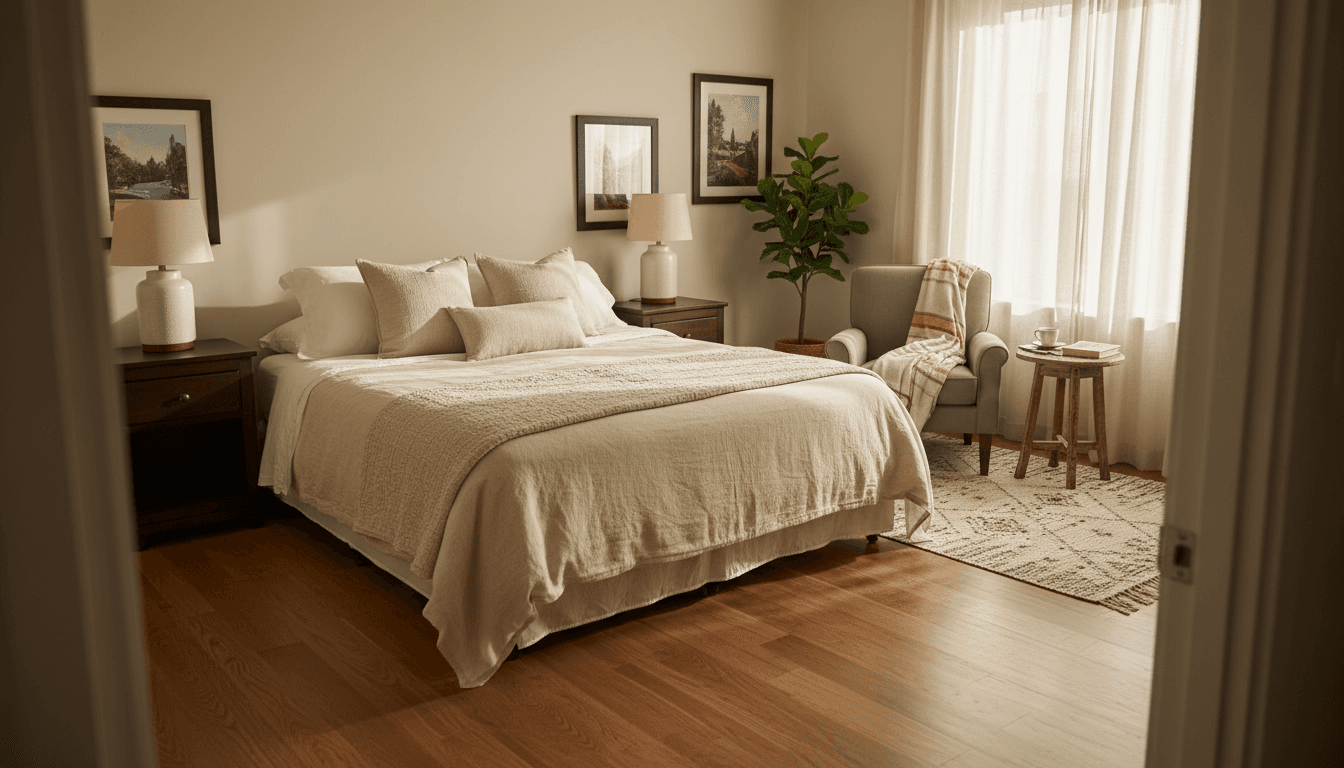 Cozy guest house bedroom with made bed, warm natural light from window, and inviting home-like atmosphere