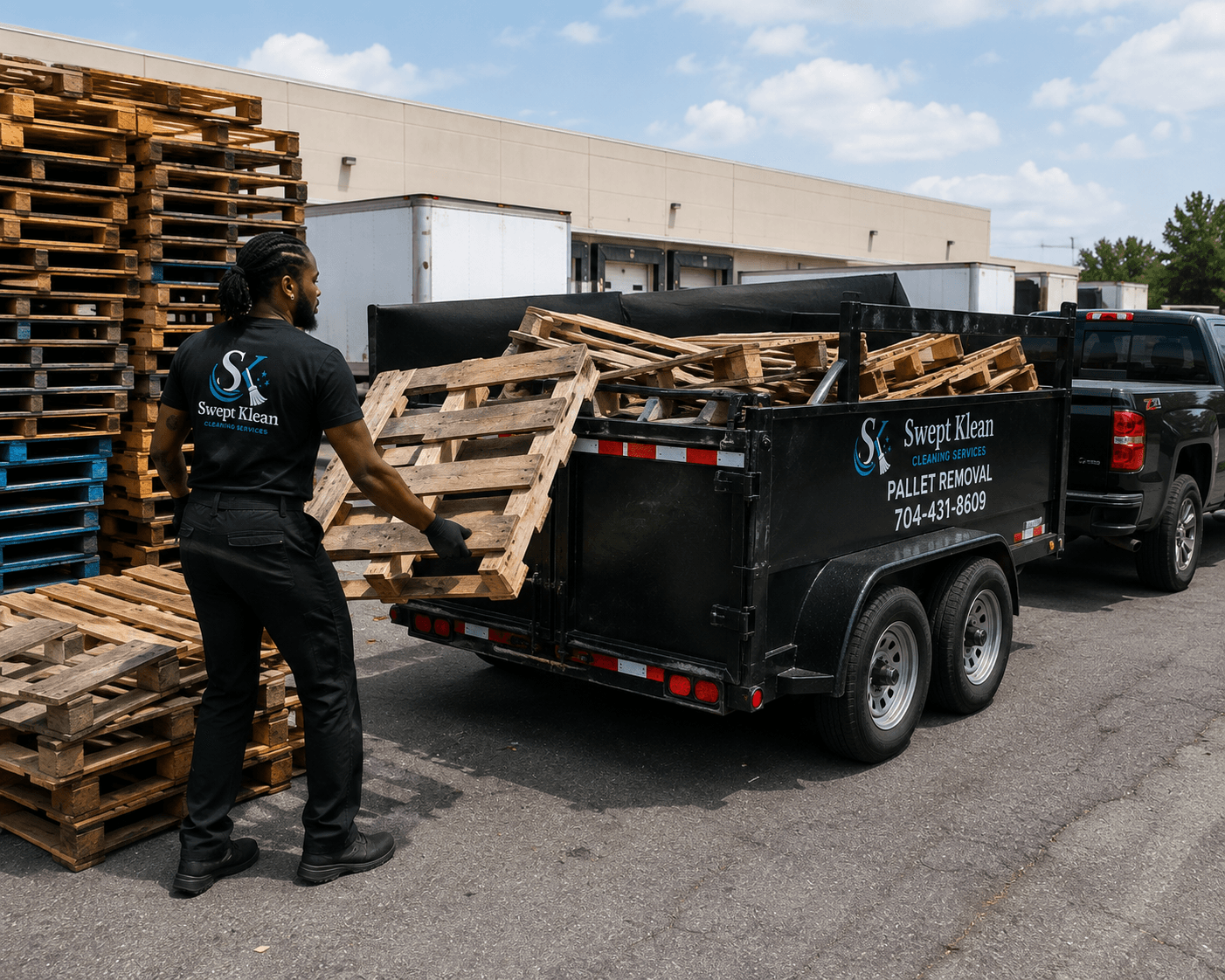 Worker loading wooden pallets into a black trailer for Swept Klean pallet removal services.